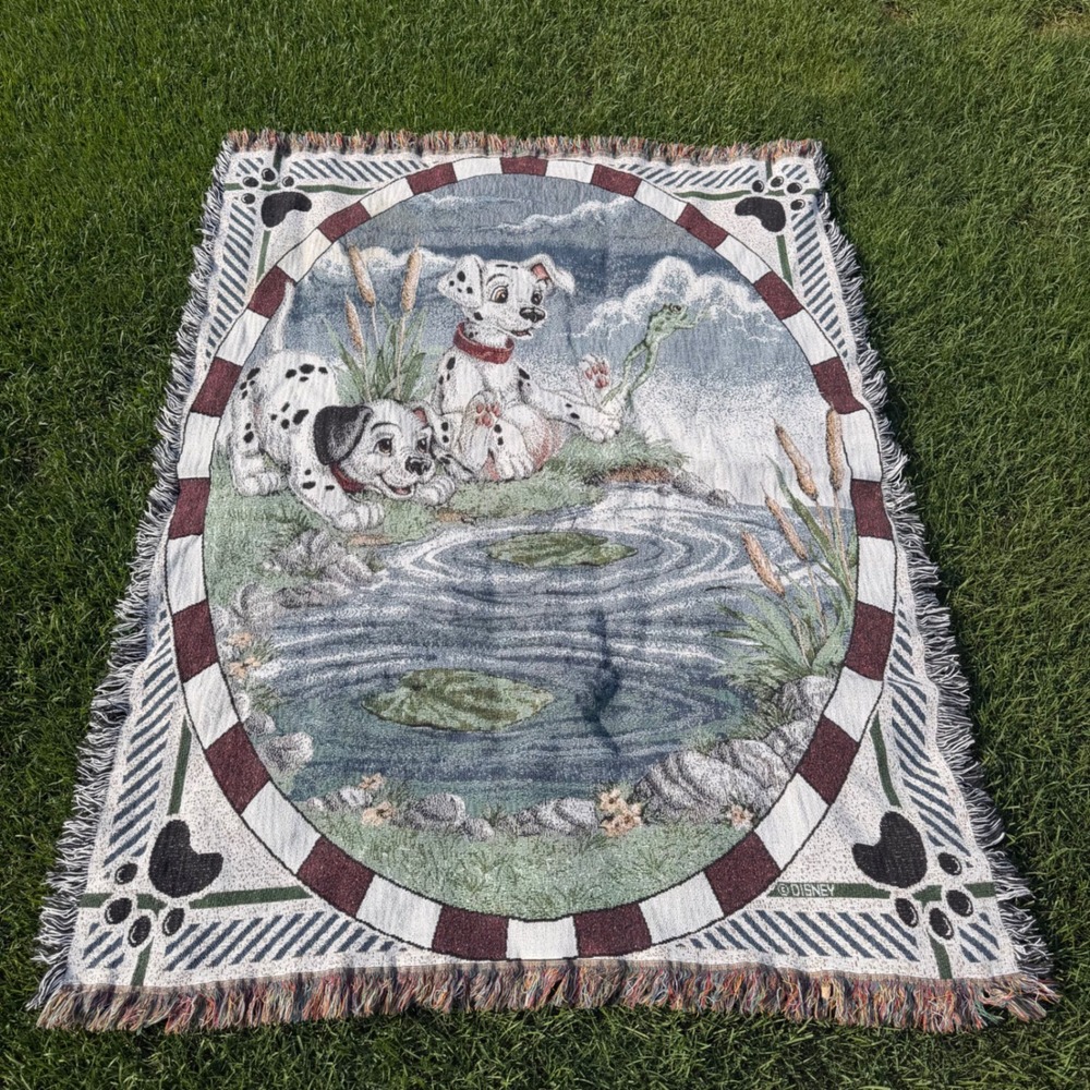 A+ Vintage Disney 101 Dalmatians Woven Tapestry Throw Blanket Puppies Pond 46x64